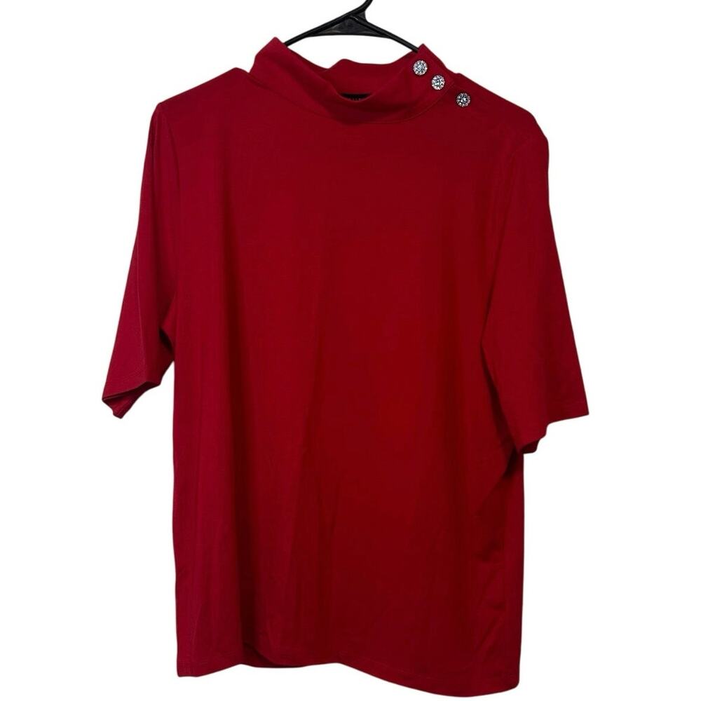 Talbots Button Shoulder Mock Neck Elbow Sleeve Top Size L Red Holiday Career
